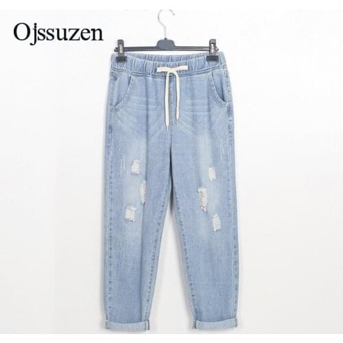 Ripped Jeans Pants Womens Blue Lace Up Cowboys Woman Plus Size Denim Pants Fashion Elastic Waist Jeans Female