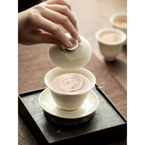 Jingdezhen Ash Tureen Japanese Style Handmade San Kombucha Rock Tea Tureen Household Minimalist Gaiwan Tureen Chinese Tea Set