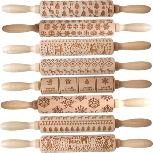 Wood Embossing Rolling Pin Fondant Dough Deer Pattern Engraved Roller Stick Baking Pastry Tool Baking Christmas Accessories