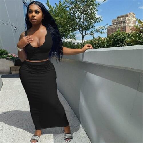 Ribbed V Neck Skinny Tank Long dress 2pcs Set Women Solid Bodycon Fashion Birthday Outfits Bodycon Sexy Club Party Maxi Sets