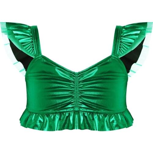 Kids Girls Metallic Mermaid Crop Tank Short Tops with Ruffles for Halloween Christmas Cosplay Party Costume New Year Outfits