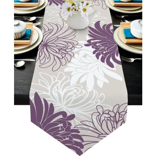 Purple White Flower Floral Chrysanthemum Table Runner Country Wedding Decor Tablecloth Placemat Dinning Table Art Table Runners