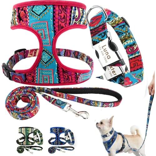 Personalized Dog Collar Leash Harness Set Mesh Nylon Pet Vest Lead Rope Free Engraving Dogs ID Collars For Small Large Dogs