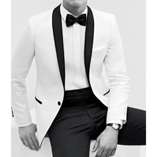Custom Made High Quality White Tuxedo Jacket Black Shawl Lapel Black Pants,Bespoke Groom Tuxedos, Wedding Suits For Men
