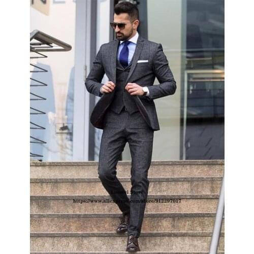 Classic Tweed Mens Suits Casual Slim Fit Wedding Groom Tuxedo Formal Business Blazer 3 Piece Sets Ternos (Jacket + Vest+Pants)