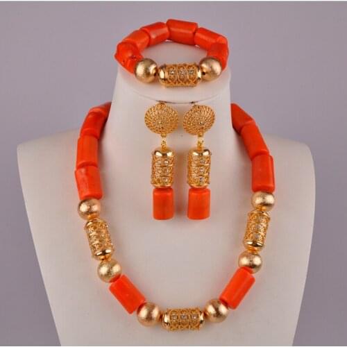 Beautiful African Necklace Set Orange Coral Beads for Nigerian Wedding C43-01
