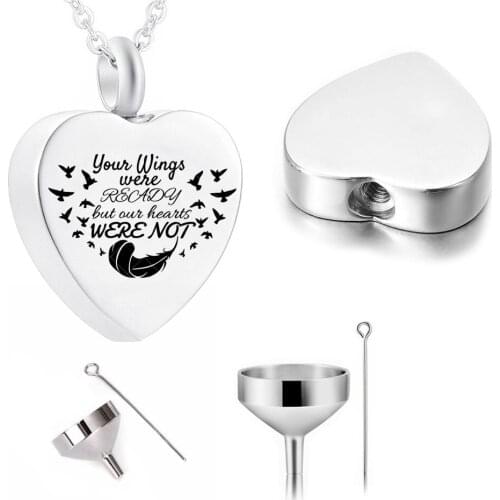 Cremation Jewelry Stainless Steel Heart-shaped Urn Necklace Pet Ashes Memorial -Your Wings Were Ready But Our Hearts Were Not