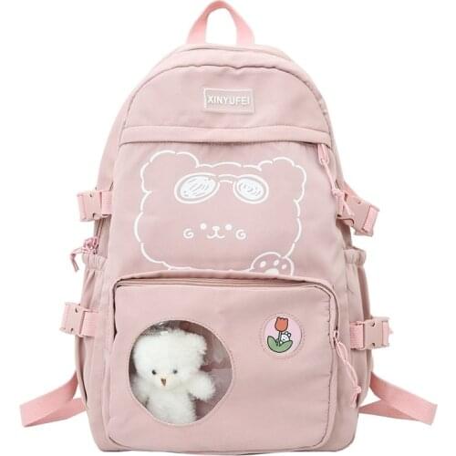 Fashion Womens Backpack Kawaii Cartoon Print School Bag For Girls Solid Color Large Capacity Nylon Waterproof Student Bookbags