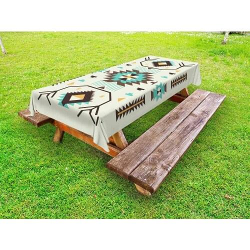 Southwestern Outdoor Tablecloth, Ethnic Illustration of a Zigzags Design Triangular Iconic Artwork Motifs