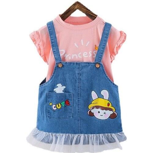 New Fashion Summer Girls Cartoon Clothes Suit Children Cute Casual T-Shirt Strap Dress 2Pcs/Sets Toddler Costume Kids Tracksuits