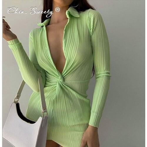 Solid Womens Long Sleeve Hip Package Dresses 2021 Autumn New Skinny Turn-down Collar Ruched Mini Dress Lady Sexy Party Vestidos