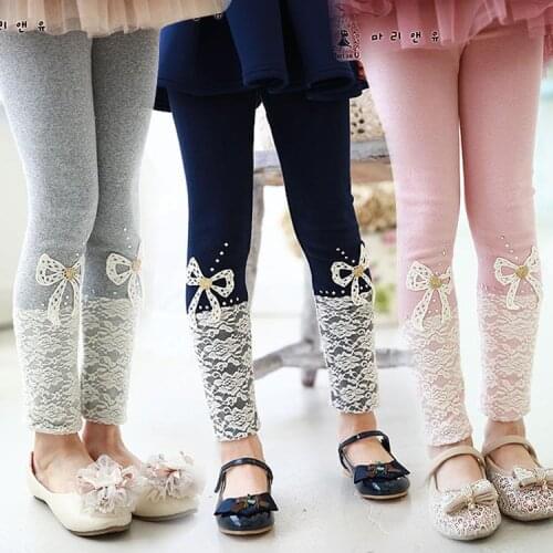 2021 Spring Winter Warm Korean Style Flexible Kids Clothes Solid Lace Baby Kids Girl Leggings Trousers Lace Pants for Girls