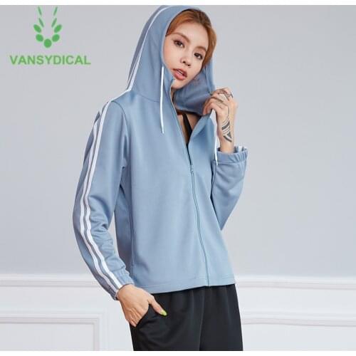 Vansydical 2021 Women Sports Running Jackets Stripe Workout Yoga Gym Hoodies Fitness Training Jogging Outerwear Sportswear Tops