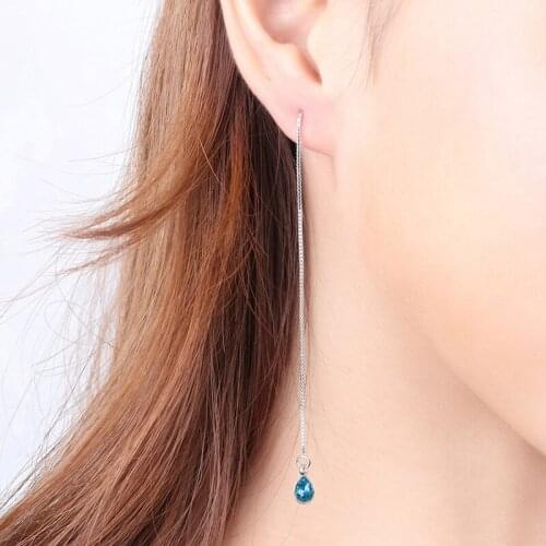 Top Quality Silver 925 Lady Earrings Jewelry Trendy Crystal Blue Ear Line Female Accessories Lady Earrings Tassel Bijou