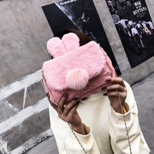 Weysfor Vogue Faux Fur Plush Crossbody Bags For Women Rabbit Ears Cute Bags Chain Messenger Bag Ladies Handbags Purses Bolsas