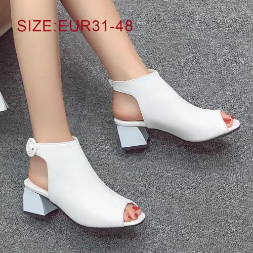 Women Sandals Peep Toe Plus Size 43 44 45 46 47 48 Shoes Handmade Black Yellow Korean Style High Square Block Heels Buckle Party