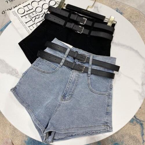 2021 summer short section fashion casual double belt design washed water high waist denim three-point shorts women