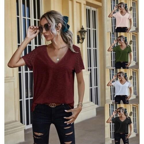 Woman Tshirts New Summer 2021 Tees Detonation Product Splicing Lace Sleeve v-neck Leisure Female Harajuku T Shirt Women AXR05