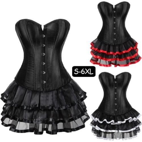 Womens Black Halloween Party Bustiers and Corsets Plus Size 6XL Steampunk Women Multi Layered Tutu Skirts Corset Dress Set