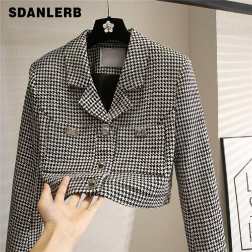 Houndstooth Suit Short Coat for Women 2021 Autumn and Winter Silver Buckle Plaid Long Sleeve Loose Female Outerwear Jacket