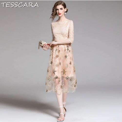 TESSCARA Women Luxury Sequin Mesh Dress Female Elegant Long Wedding Party Robe Femme Designer High Quality Flower Girl Vestidos