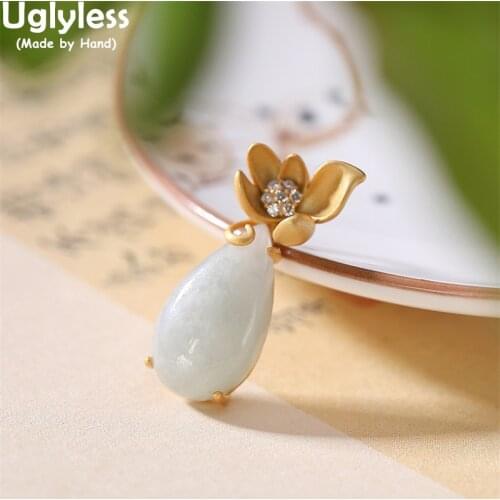 Uglyless Crystals Stamen Blooming Flower Necklaces for Women Water Drop Jadeite Pendants NO Chain Real 925 Silver Ethnic Jewelry