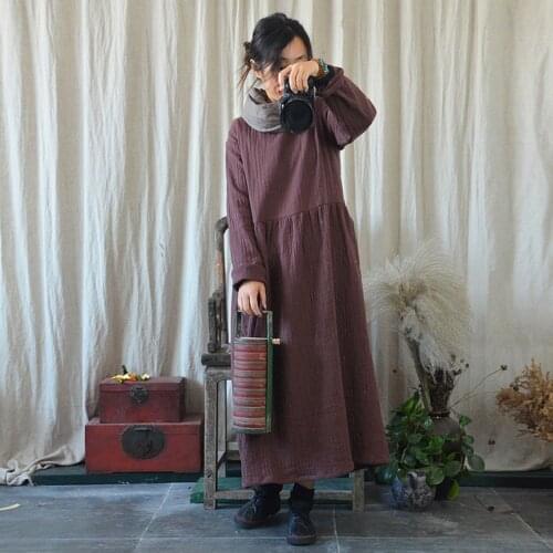 Women Loose Bamboo Cotton Dress Ladies Casual Solid Color Retro Vintage Wrinkle Dress Female Casual Spring Autumn Dress 2019