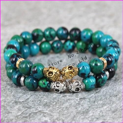1pcs 2017 new fashion 8mm beads bracelet gold/silver color skull head phoenix green stone beads mens bracelet