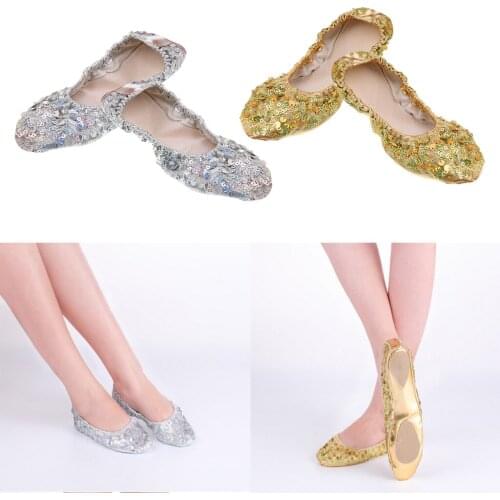 2 Pairs Belly Dance Shoes Soft Soles Non-slip Performance Shoes with Sequin