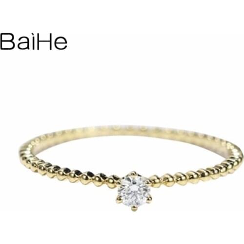 BAIHE Solid 14K Yellow Gold 0.07ct H/SI Natural Diamond Wedding Women Trendy Jewelry Small pure and fresh 6 nail stone Gift Ring