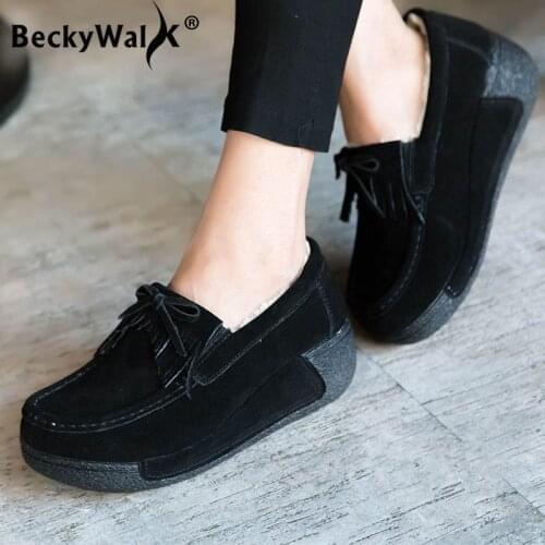 BeckyWalk Genuine Leather Platform Winter Women Shoes Warm Plush Wedge Shoes Woman Comfort Lace Up Casual Ladies Shoes WSH2712