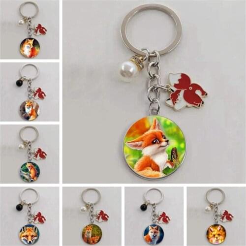 Cartoon cute fox and flower glass keychain lady cute animal color key ring girl