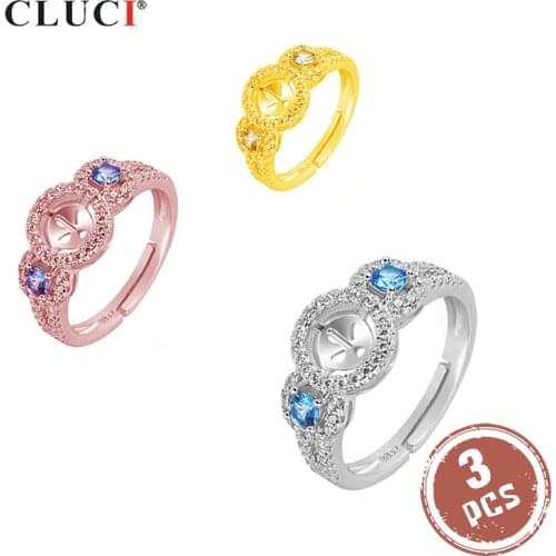 CLUCI 3pcs 925 Sterling Silver Round Blue Zircon Ring for Women Wedding Engagement Adjustable Ring Jewelry SR2081SB
