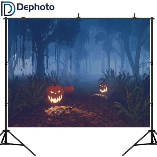 Dephoto Photography Backdrop Halloween Misty Forest Pumpkin Lamps Black Trees Photo Backgrounds Photo Studio props