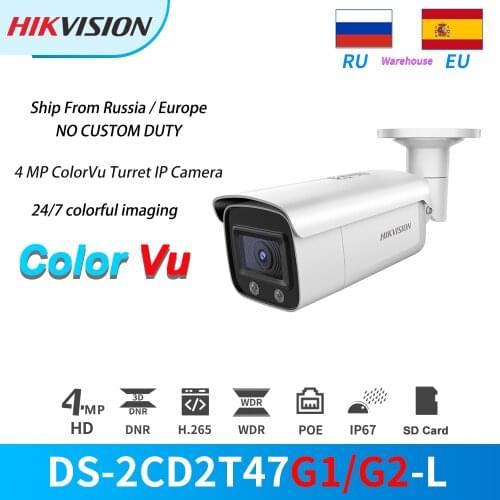 Hikvision IP Camera Outside ColorVu DS-2CD2T47G1-L 4MP PoE Bullet Day/Night Full Color CCTV Security Camera With SD Card Slot