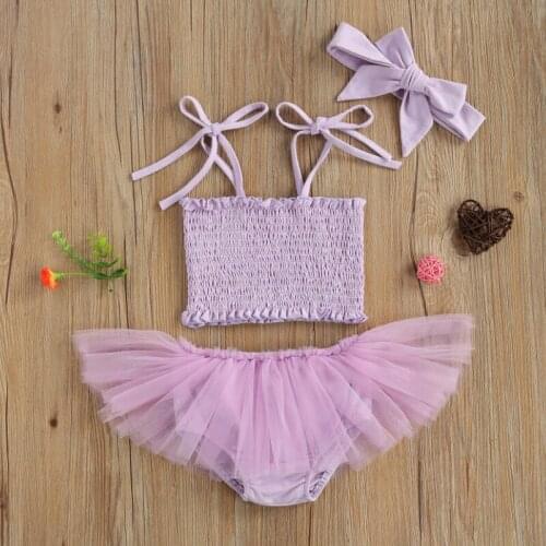 Infants Three Piece Set, Babys Pleated Solid Color Sleeveless Camisole Mesh Shorts Hair Band for Girls Daily Wear Summer 2021