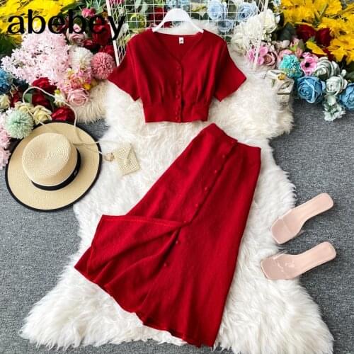 Summer Women 2pcs Set Vintage Red/Black/Beige/Green Single Breasted Tops + High Waist Skirt For Female Two Piece Set New Fashion