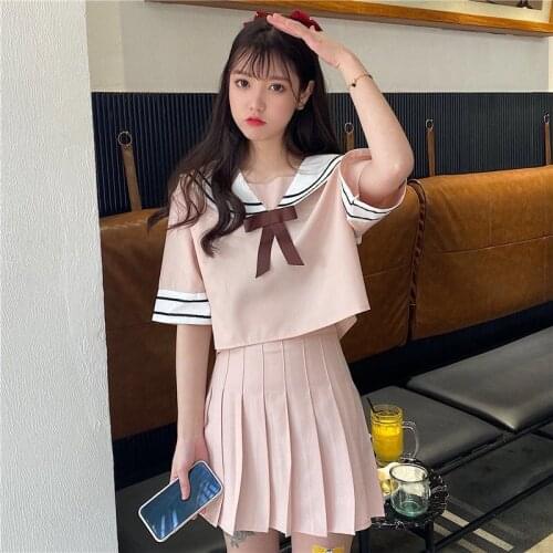 Summer two-piece suit jk uniform kawaii fashion Vintgae Harajuku college y2k ins pleated skirt women suit high waist skirt set
