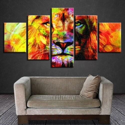 Animal Canvas Paintings Modular 5 Pieces HD Printed Abstract Color Lion Picture Decor For Living Room Wall Art Posters Framework