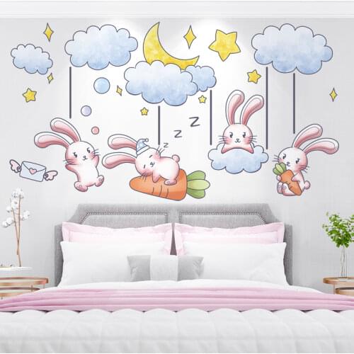 [shijuekongjian] Rabbits Animals Wall Stickers DIY Clouds Stars Carrots Wall Decals for Kids Bedroom Baby Room House Decoration