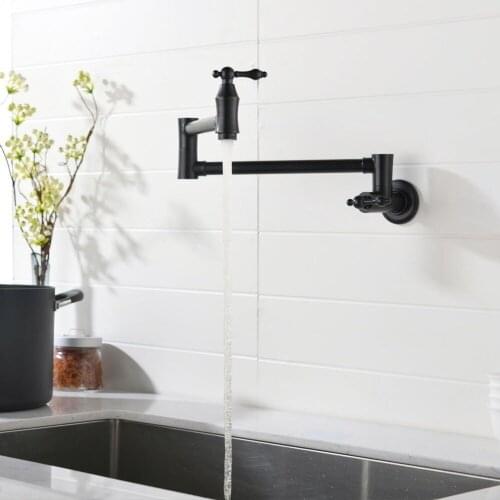 Wall Mount Pot Filler, 2 Handles Brass Kitchen Faucet, Double Joint Spout, Oil Rubbed Bronze black