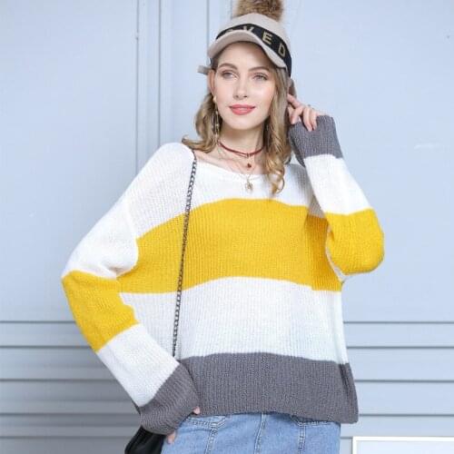 2020 autumn and winter new European and American striped pullover mohair sweater stitching trumpet sleeve sweater
