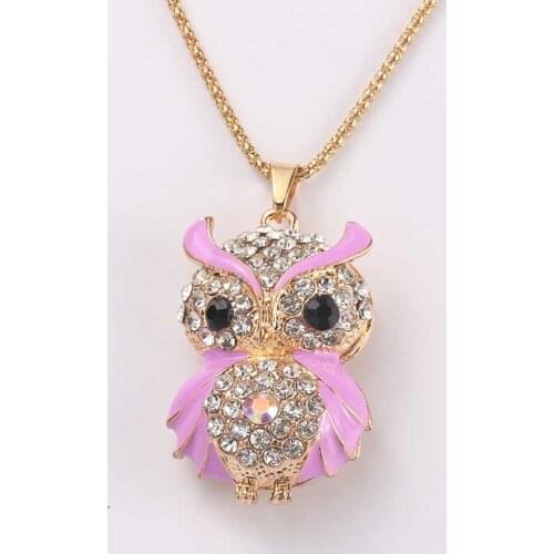 New Brand Pink Owl Necklace Crystal Rhinestone Long Necklace Pendant For Womens Glamour Party Gift Jewelry