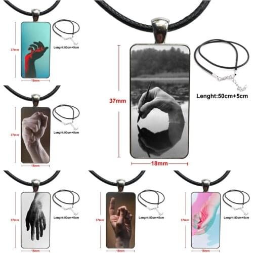 For Women Men Bad Hand On Wood Glass Cabochon Pendant Necklace Rectangle Fashion Necklace