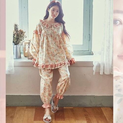 Pure Cotton Pajamas Set Womens Sweet Princess Women Full Sleeve Top Shirt Pant Mom Loose Korean Style 2020Pajamas kPaCotAkoWka