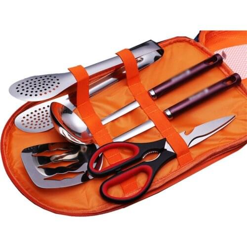 Portable Kitchen Cooking Utensils Outdoor Camping Cookware Tool Set Stainless Steel Kitchen Turner Spoon Sets With Storage Bag