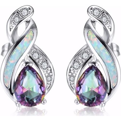 Bijoux Luxury Dazzling CZ Zircon Wedding Earrings Authentic Silver Color White/Blue Fire Opal Stud Earrings Brincos