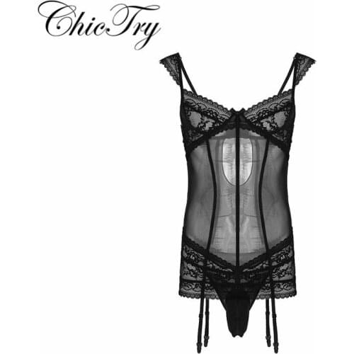 Sexy Mens Crossdress Lingerie G-string Thong Underwear Floral Lace Sissy Garters Mini Dress Sexy Nightwear Bodysuit Panties