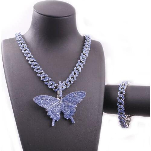 Blue Cz Big Butterfly Pendant 12MM Cuban Chain Small Charm 8MM Miami Link Necklace Bracelets Iced Out Mens Hip Hop Jewelry Set