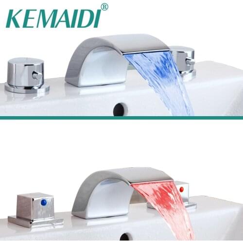 KEMAIDI Bathroom LED Basin Sink Faucet Waterfall Bathtub Faucet 3 PCS Water Flow Lavatory Faucet Tap Chrome Finished Mixer